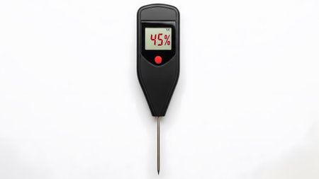 Meter showing black digital soil moisture meter with red led display showing 45 percent isolated...