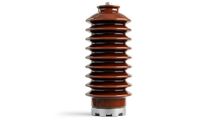 Ceramic showing brown ceramic electrical insulator with silver metal base on white background....
