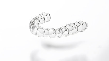 Subtle showing clear transparent dental aligners curved on a white background with subtle...
