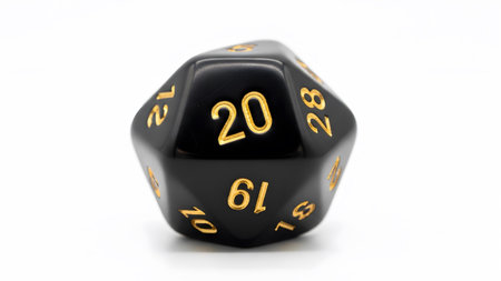 A glossy black twenty-sided die with raised gold numbers the number twenty prominently....