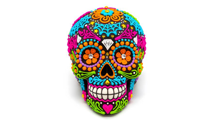 showing black sugar skull decorated with vibrant pink blue orange purple and green swirls...