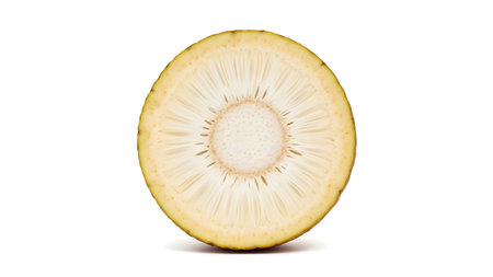 A circular cross-section of a breadfruit with a textured yellow-green rind and a pale white...