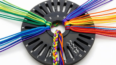 A black circular braiding tool with numbered slots colorful threads being woven into a braid.