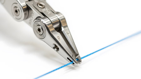 (1678) showing close-up of a robotic gripper precisely holding a thin blue string on a white...