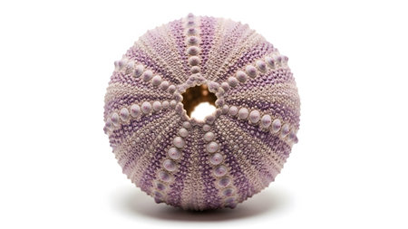 A spherical sea urchin shell with textured purple and white patterns and a central hole is...