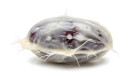 showing dark purple fruit covered in white sticky pulp and tendrils on white background....