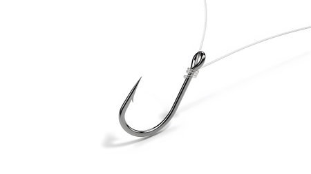 showing close-up of a shiny metal fishing hook tied to clear fishing line on white...