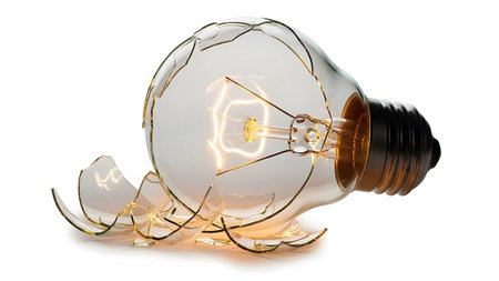 Light showing exploding incandescent light bulb with glowing filament and shattered glass...