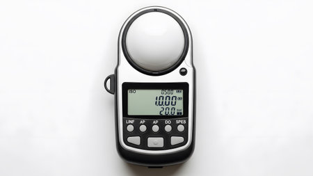 A digital light meter with a black and silver body and a clear LCD screen displaying numerical...