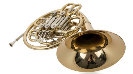 Brass showing close-up of golden french horn bell and brass valves on white background.