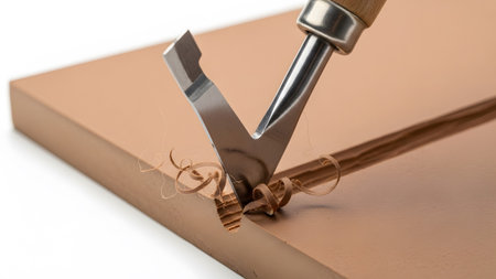 showing close-up of a metal wood carving tool with wooden handle and wood shavings on...