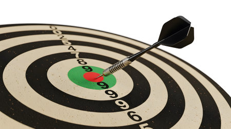 Stock showing dart hitting the bullseye on a dartboard with numbered rings. resolution...