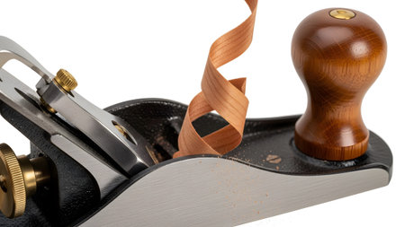 A woodworking hand plane with a wooden handle and a curling wood shaving is shown in detail.