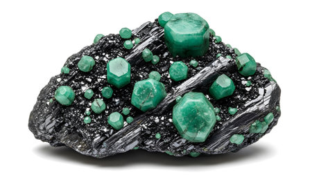 showing emerald gemstone clusters on a black mineral matrix with white background.の写真素材
