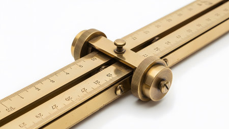 View showing detailed view of vintage brass measuring device with sliding scales and knobs.