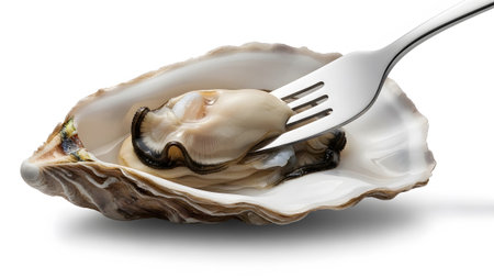 Lifted showing freshly opened oyster being lifted from shell with silver fork on white...