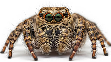 Detailed macro view of a brown jumping spider with large eyes and hairy legs against a...