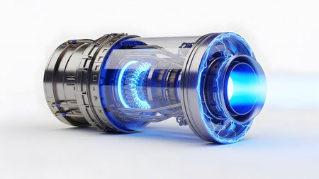A detailed futuristic engine with a glowing blue core, glass casing, and energy rings on a white...