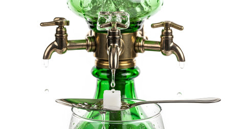 showing green absinthe fountain with water dripping onto a sugar cube on a spoon.