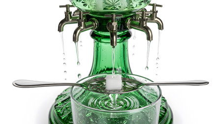 showing green absinthe fountain with multiple streams of water onto a sugar cube.