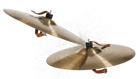 Two brass cymbals are shown in mid-collision, with small fragments and dust scattering outwards...