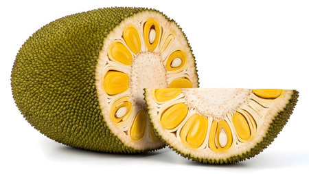 Seeds showing halved jackfruit showing yellow pulp and seeds on white background.