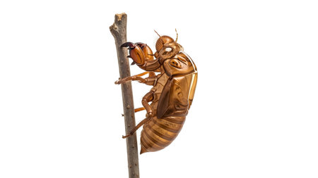 An empty golden cicada exoskeleton is attached to a thin, vertical wooden branch against a white...