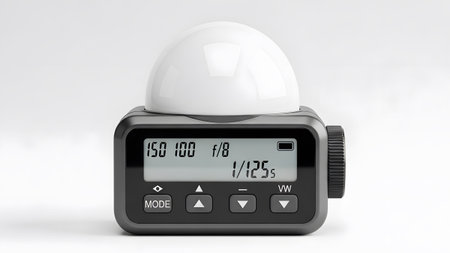 A gray digital light meter with a white dome and an LCD screen displaying photographic settings...