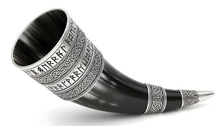 Drinking showing detailed viking drinking horn with silver metal bands inscribed with runes and...