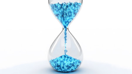 A clear glass hourglass contains bright blue binary code numbers flowing from to bottom on a...