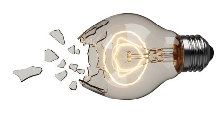 Light showing exploding incandescent light bulb with glowing filament and shattered glass...