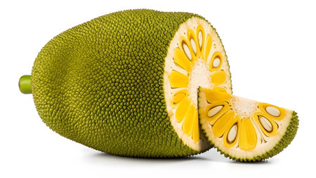 Seeds showing green jackfruit cut open showing yellow pulp and seeds on white background.
