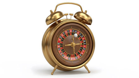 A golden alarm clock with a roulette wheel face displaying numbers and a small white ball,...