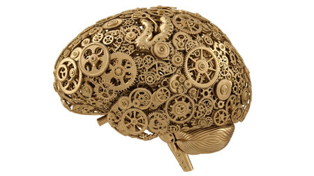 A detailed golden mechanical brain sculpture made of interlocking gears and cogs on a white...