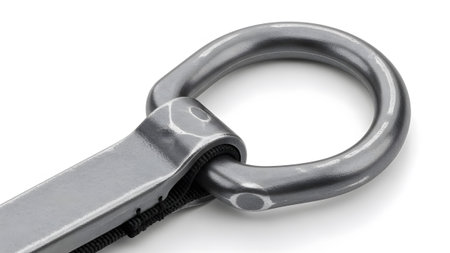 Stock showing metal towing eye ring attached to a black webbing strap on white background.