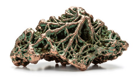 An intricate copper mineral formation with a green patina and a complex, open, cellular structure.