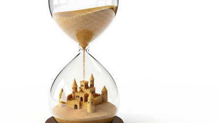 showing hourglass with sand flowing to reveal a sandcastle on a wooden base with copy...