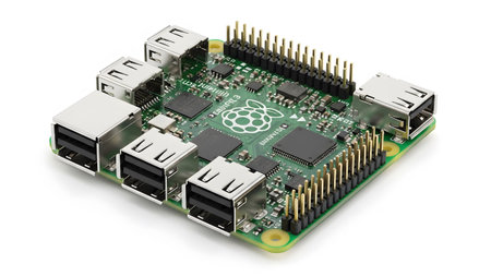Circuit showing green single board computer with usb ports, gpio pins, and...