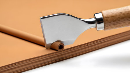 Rolled showing leather edge creasing tool shaping a rolled edge on tan leather with a wooden...