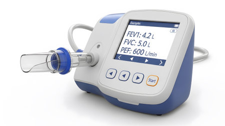 White showing modern white and blue spirometer with digital display and start button.
