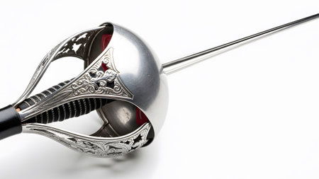 Close-up of an ornate silver foil basket hilt rapier sword with a black grip and red lining.