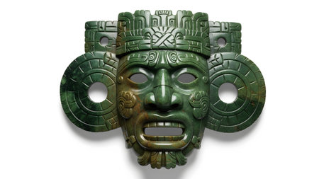 An ornate green jade Mayan mask featuring a detailed headdress and circular side ornaments on a...