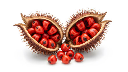 An opened annatto seed pod many red seeds inside, with a few scattered on the white background.