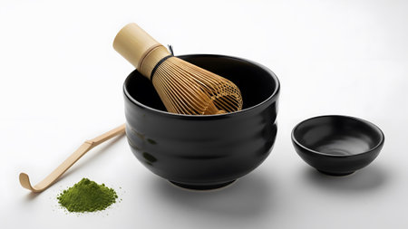Bowl showing japanese matcha tea ceremony set with powder and small bowl on white background....