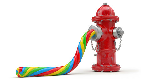 showing red fire hydrant dispensing a colorful twisted candy cane like stream on a white...