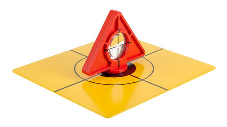 Crosshairs showing red triangular target reflector on yellow survey marker with crosshairs.