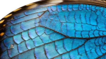 Intricate showing macro of a vibrant blue butterfly wing with intricate scale patterns and...
