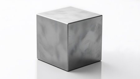 A single metallic cube with a brushed and polished surface sits centered on a bright white...
