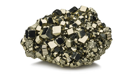 A dense cluster of pyrite minerals dark golden cubic crystals with a metallic luster against a...