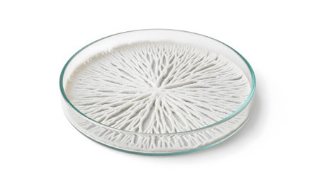 A glass petri dish contains white fungal growth with a delicate radial branching pattern on a...